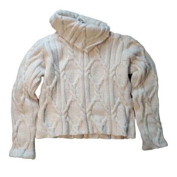 Paul James Made in England White 100% Wool Cowl Turtleneck Cable Knit Sweater D - Picture 1 of 9